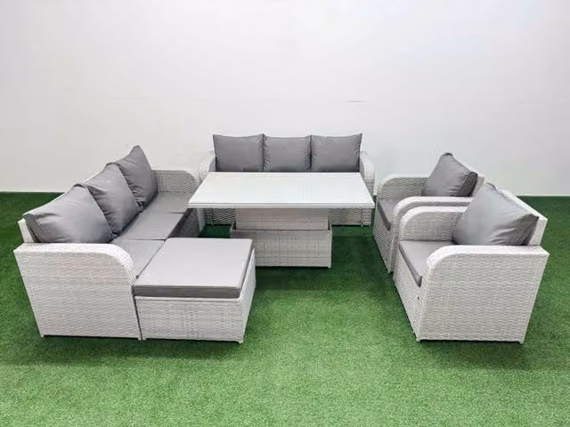 Fimous Grey PE Rattan High Back Lounge Sofa Set with 3 Seater Reclining Chair and Adjustable Lifting Dining or Coffee Table