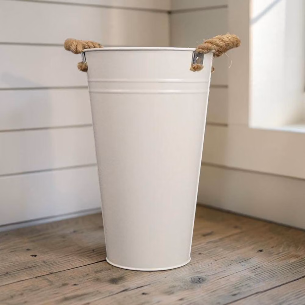 Four Candle Metal Flower Bucket in White and Beige, Height: 30 cm – 2