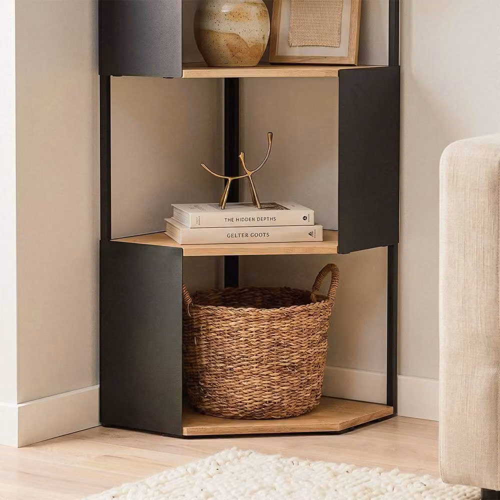 CALICOSY 5-Tier Industrial Corner Shelf with Black Metal Sides in Light Brown, H: 172 cm, W: 40 cm, D: 40 cm – 3