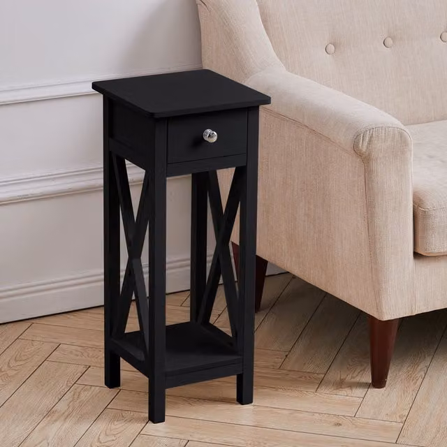 Livingandhome Narrow Carved Bedside Table with Drawer in Black
