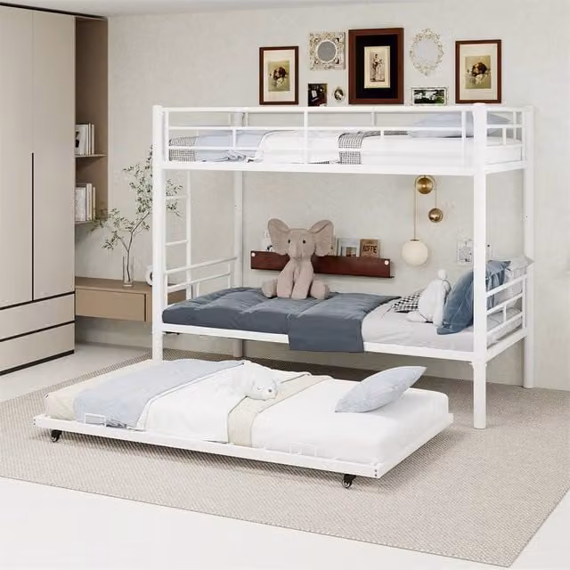 Direct Wicker White Metal Three-Layer Bunk Bed with Pull-Out Bed, Single Size