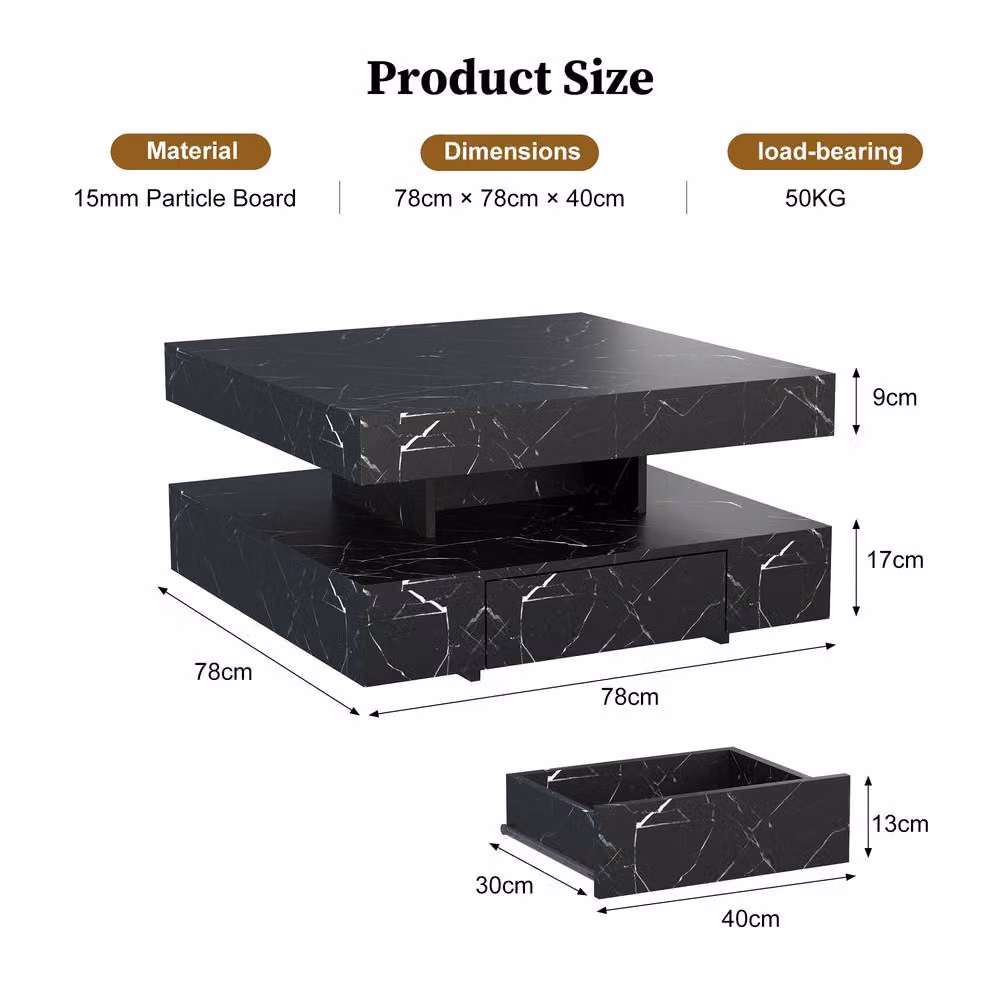 KEEPREAPER Modern Sleek LED Coffee Table with 2 Storage Drawers in Black Marble Finish – 2