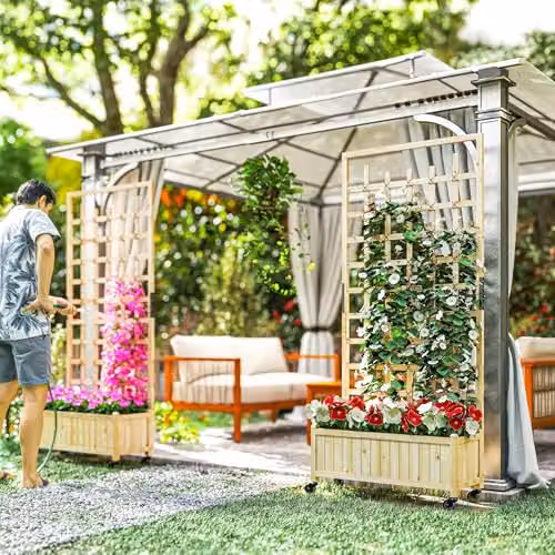 Outsunny Wooden Trellis Raised Bed Planter with Wheels in Brown – 5