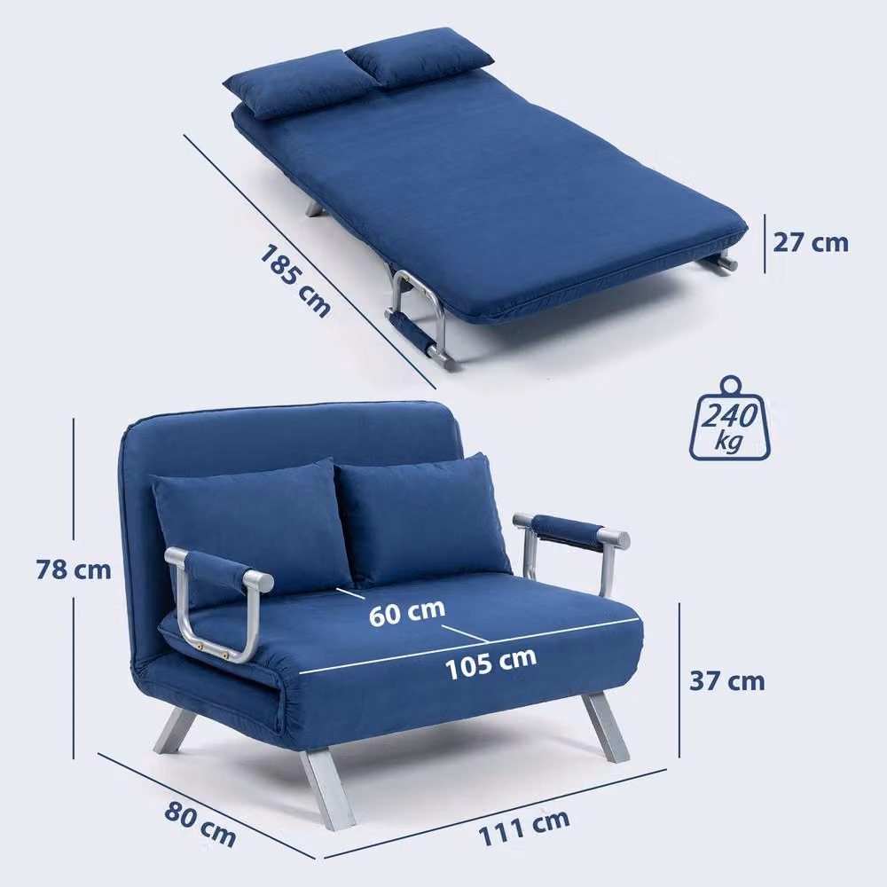 STILVORA Blue Microfibre Two-Seater Click-Clack Sofa Bed with Adjustable Headrest and Scatter Cushions – 3