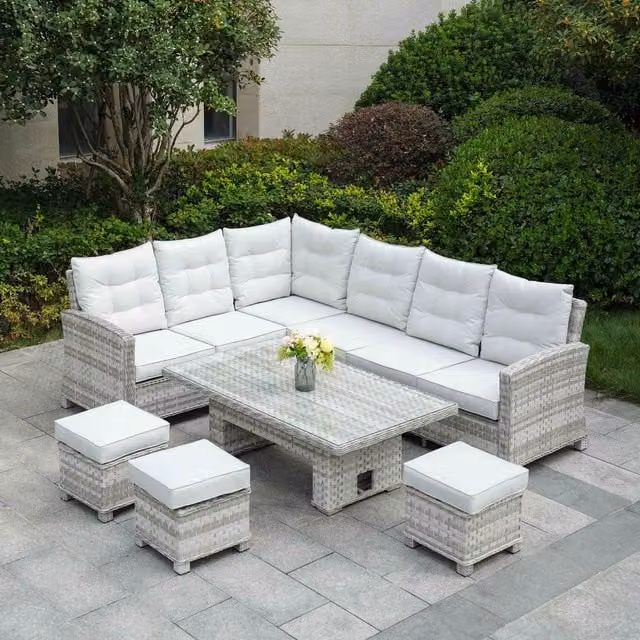 Abrihome 8-Seater Modern Rattan Garden Corner Sofa Set in White