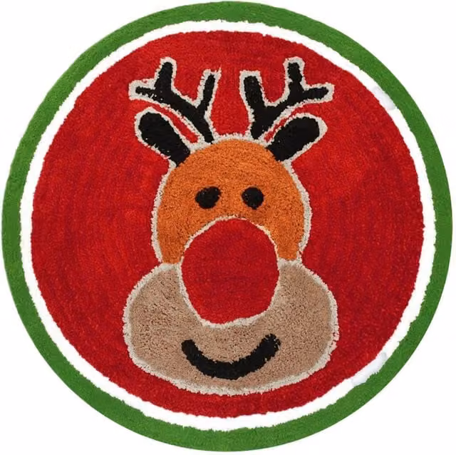 Mooky Mats Christmas Tufted Rudolph Round Bath Mat in Red and Green, Diameter: 65 cm