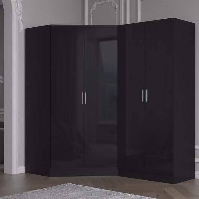 REFLECT Black Gloss Wardrobe Bundle featuring a Corner Unit and 2-Door Wardrobe in Black Gloss and Matt Black