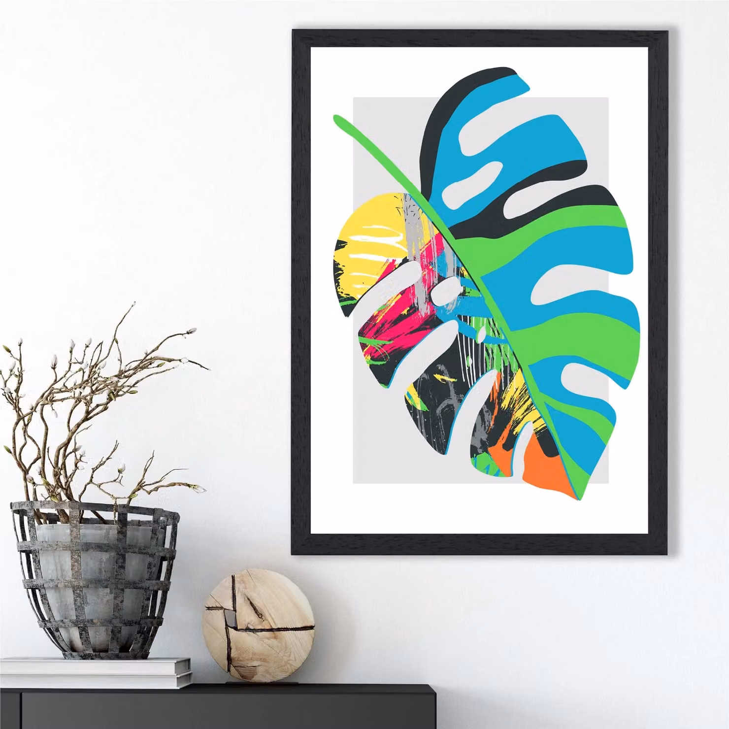 ARTZE Monstera Blue and Green Abstract Minimalist Framed Botanical Print with Black Frame – 2