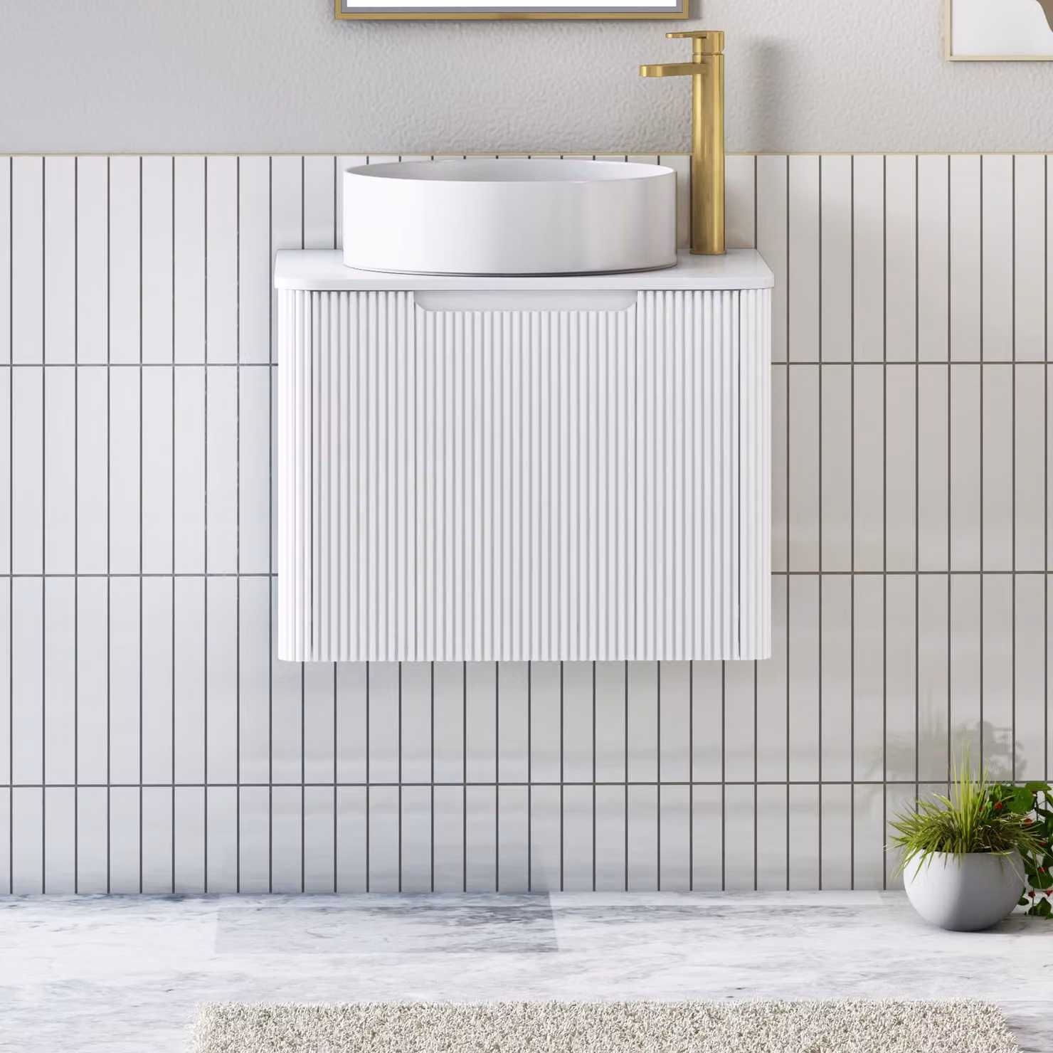 Royal Bathrooms Avenza 600mm Matt White Wall Hung Vanity Unit with 1 Drawer and Art Round Basin