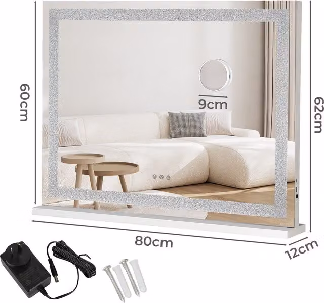 Emitto White Vanity Makeup Mirror with LED Lights, W: 80 cm, H: 60 cm, D: 12 cm