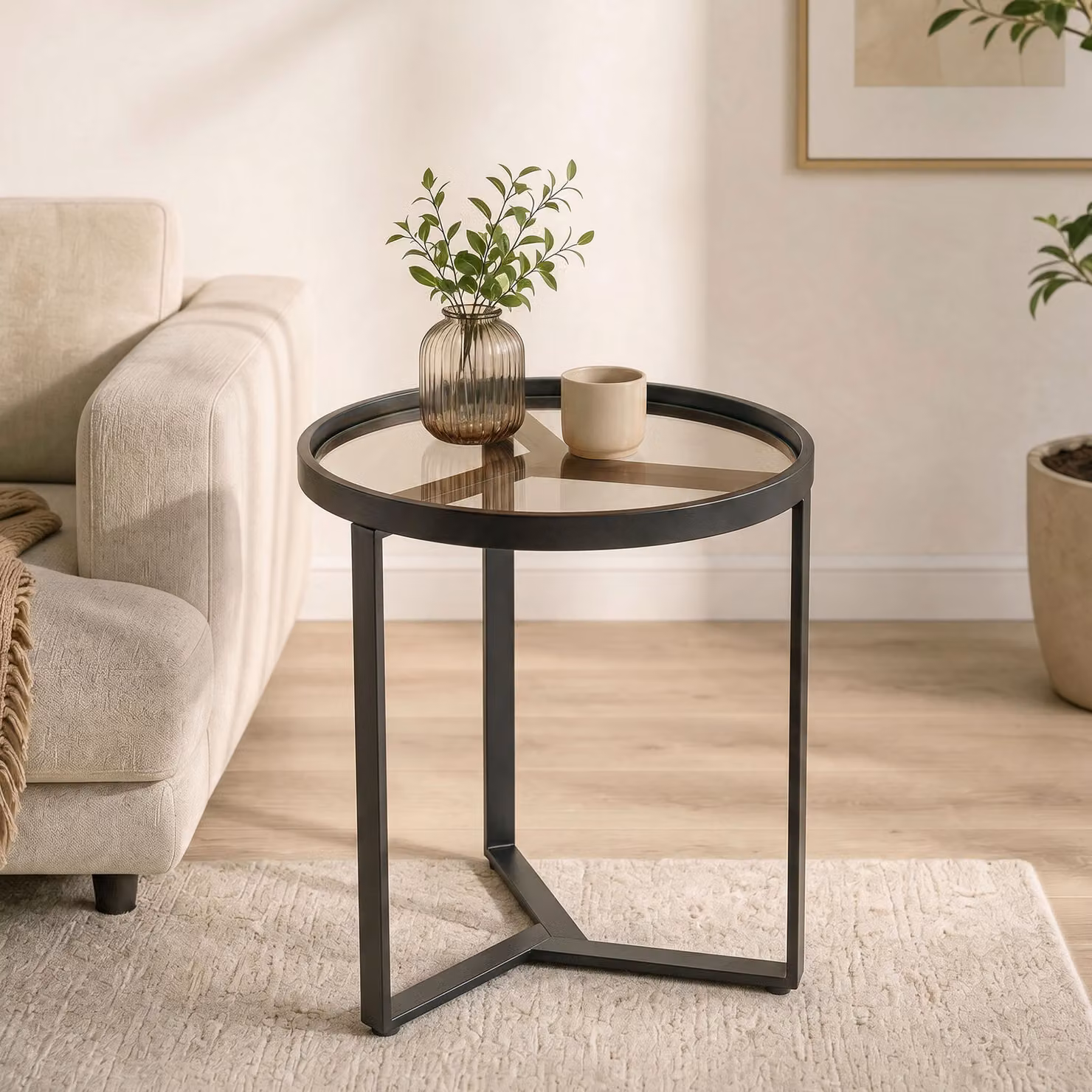 HOMCOM Round Side Table with Tempered Glass Top and Geometric Metal Frame, Black, W/D/H: 50 x 45 x 45 cm – 2