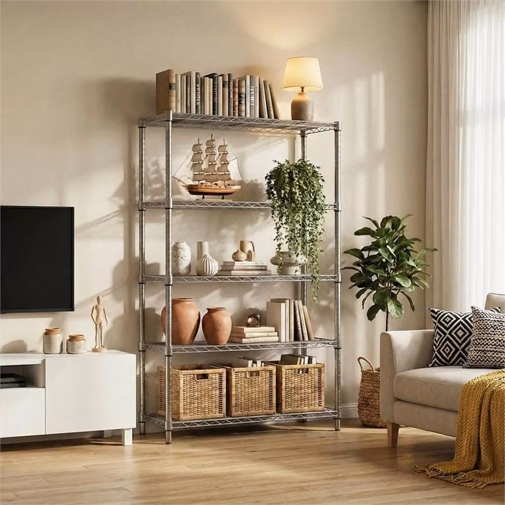 Nordara Silver 5-Tier Heavy-Duty Metal Utility Shelving Unit with Adjustable Shelves – 3