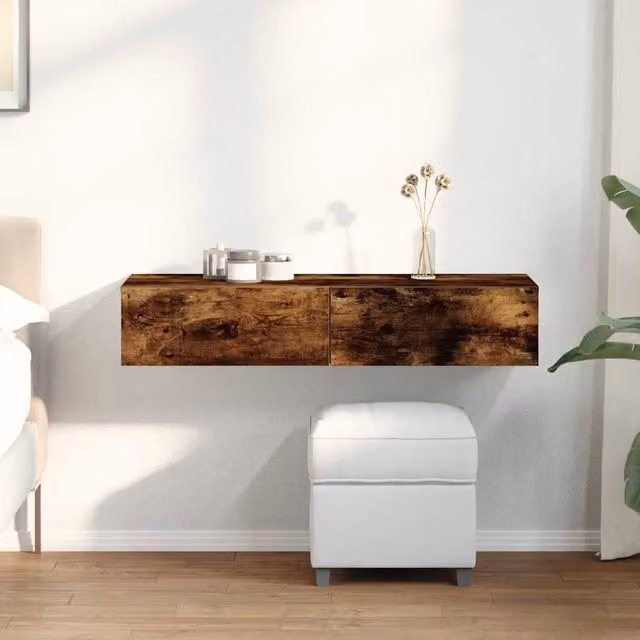 Berkfield Home Wall Shelf with Drawers in Smoked Oak Brown, W/D/H: 100 x 36 x 19 cm