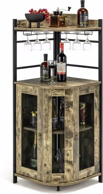 Costway Industrial Corner Bar Cabinet in Rustic Brown with Glass Doors and Internal Shelving