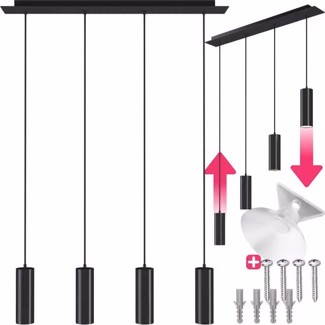 tectake Lumea Industrial Pendant Ceiling Light, 4 Black Metal Cylinder Lights with Height-Adjustable Cables