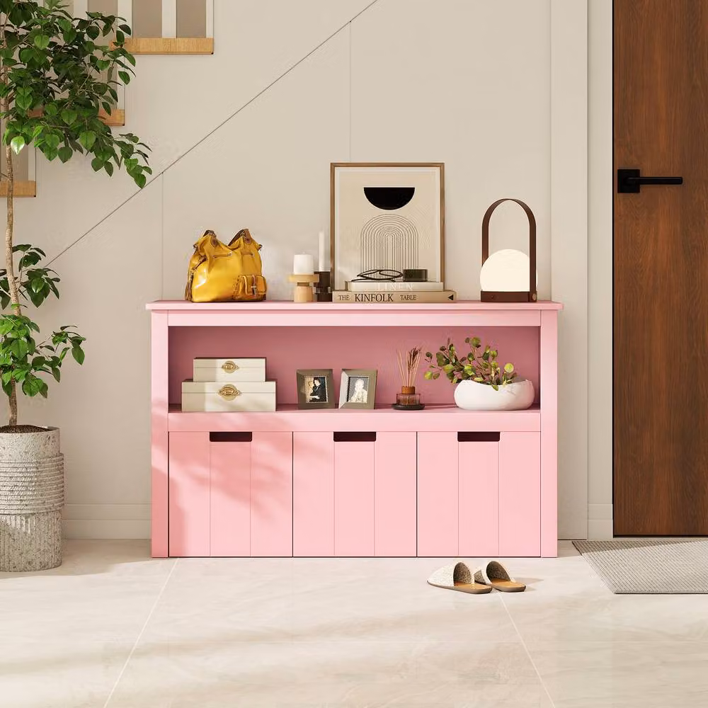 Gymax 3-Drawer Wood Toy Storage Cabinet with Castors in Pink and White – 2