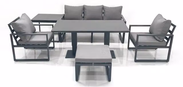 Fimous Outdoor 6-Seater Aluminium and Glass Garden Set with Adjustable Rectangular Table in Matt Dark Grey