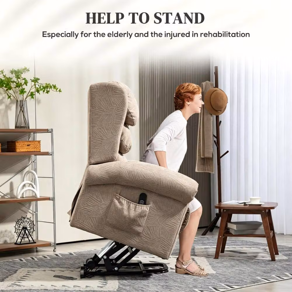 STILVORA Electric Riser Recliner Chair with USB and Side Pockets in Beige Velvet Fabric – 4