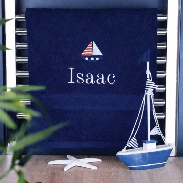 Duncan Stewart Personalised Kids Maritime Sailing Boat Cotton Bath Towel in Blue, W/D/H: 130 x 70 x 70 cm