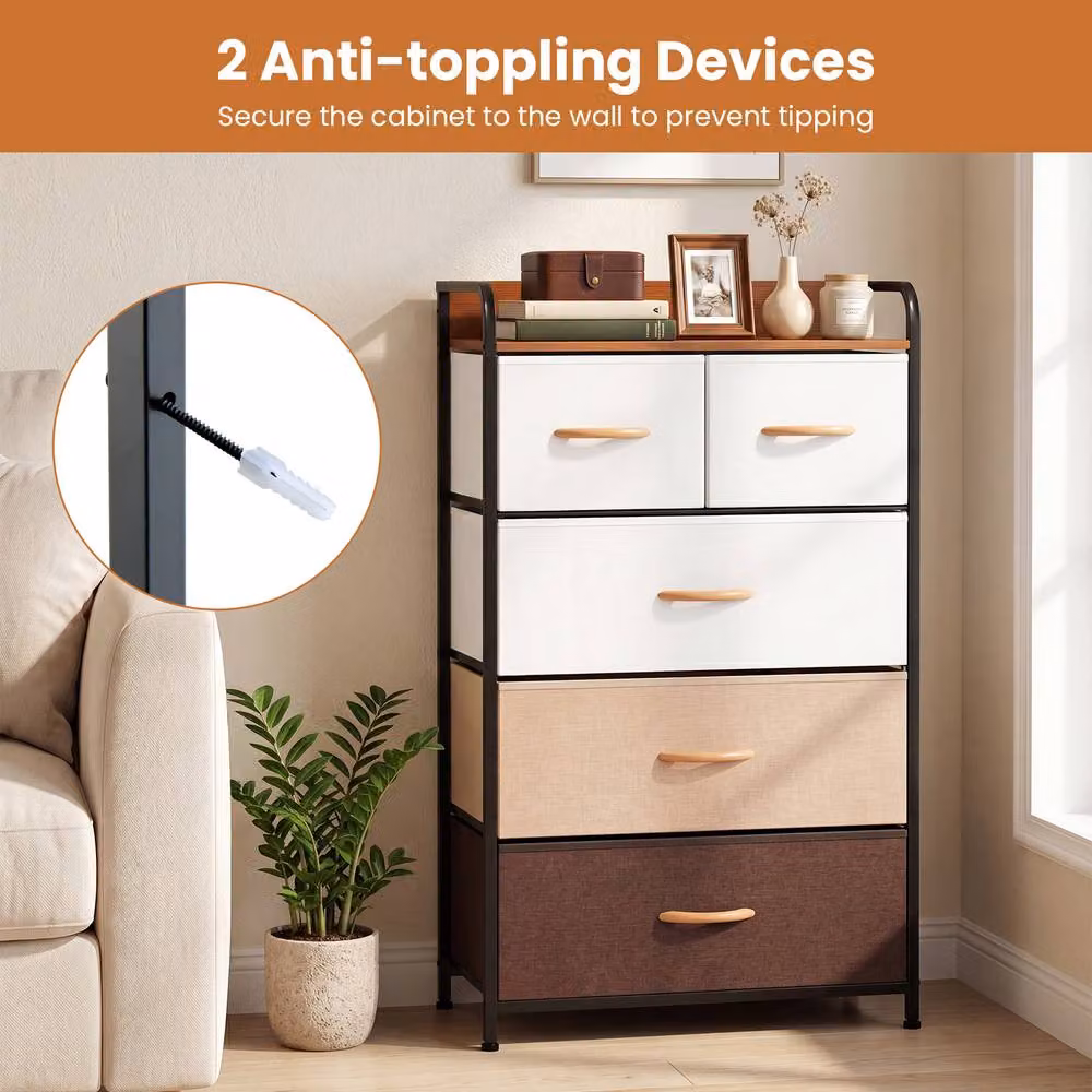 Gymax 5-Drawer Fabric Dresser, Tall Narrow Freestanding Storage Tower Organizer in Brown – 3