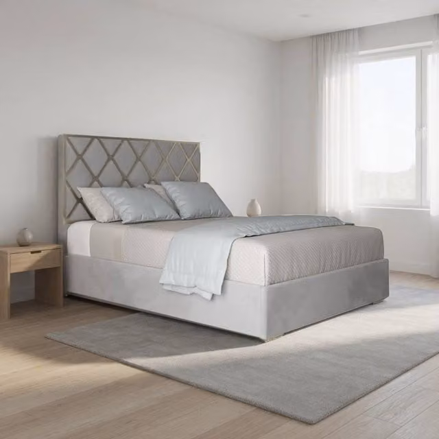 KDMD Tredington King Size Upholstered Velvet Bed Frame in Grey with Metal Details, W/D/H: 180 x 200 x 127 cm – 1