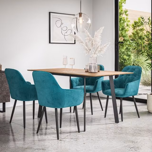 More4Homes Haydon Extending Dining Table and Anika Blue Velvet Chair Set of 4, Oak Effect and Black – 1