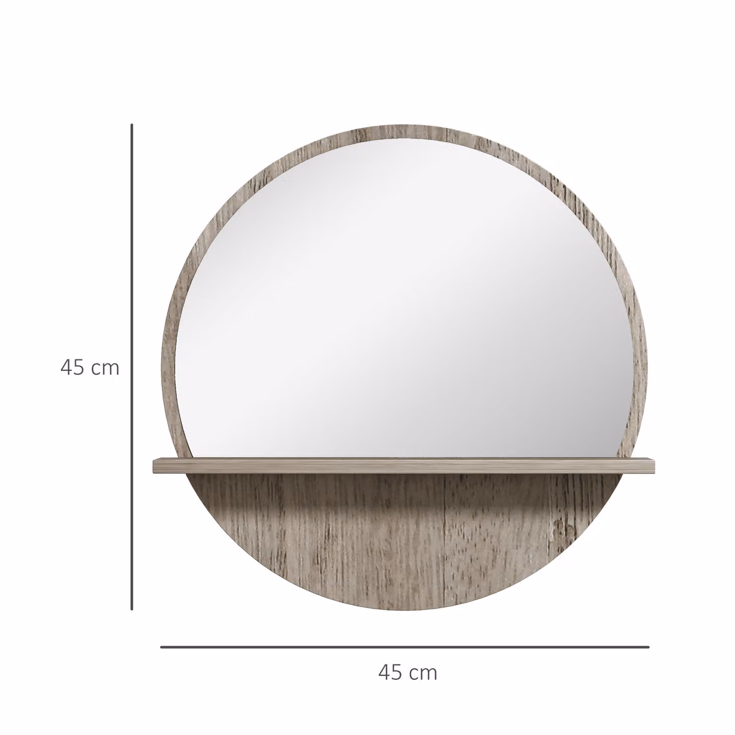 Kleankin Round Wall Mirror with Shelf, Grey Wood-Effect, Diameter: 45 cm – 3
