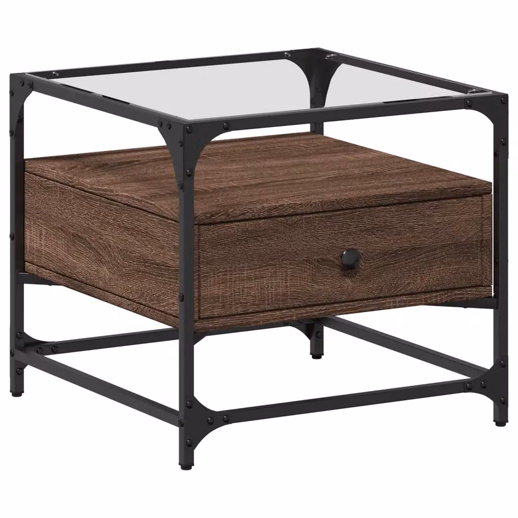 Berkfield Home Brown Oak Coffee Table with Glass Top and Steel Frame, W/D/H: 50 x 50 x 45 cm – 2