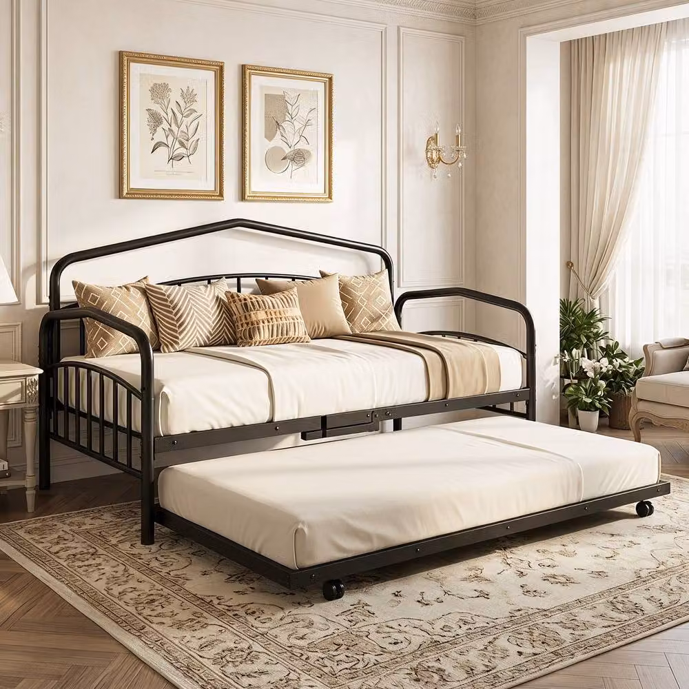 Costway Single Metal Daybed with Rolling Pull Out Trundle in Black, W/D/H: 90 x 200 cm – 4