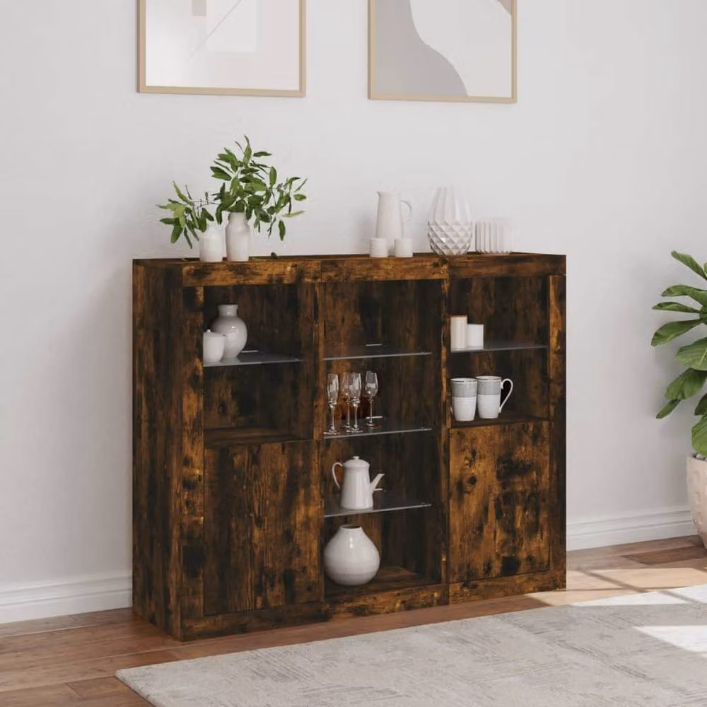 Berkfield Home Set of 3 Modern Smoked Oak Sideboards with Integrated LED Lighting in Brown – 3