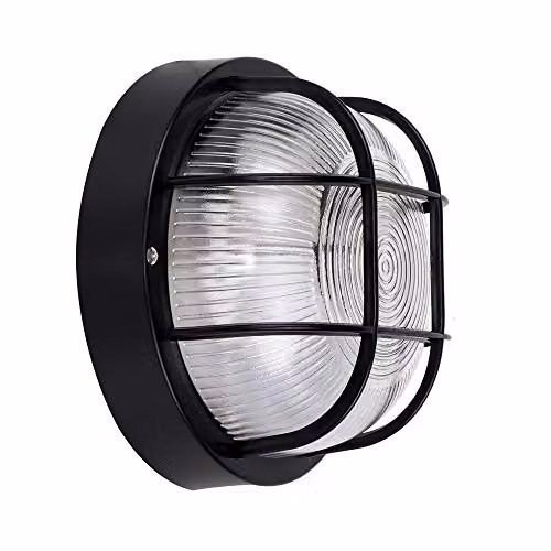 MiniSun Modern Black Round Bulkhead Outdoor Wall Light with 10W Cool White LED Bulb
