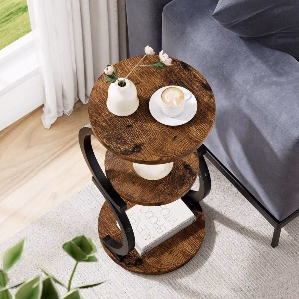 FORGEVIO Round S-shaped 3-Tier Side Table in Rustic Brown – 5