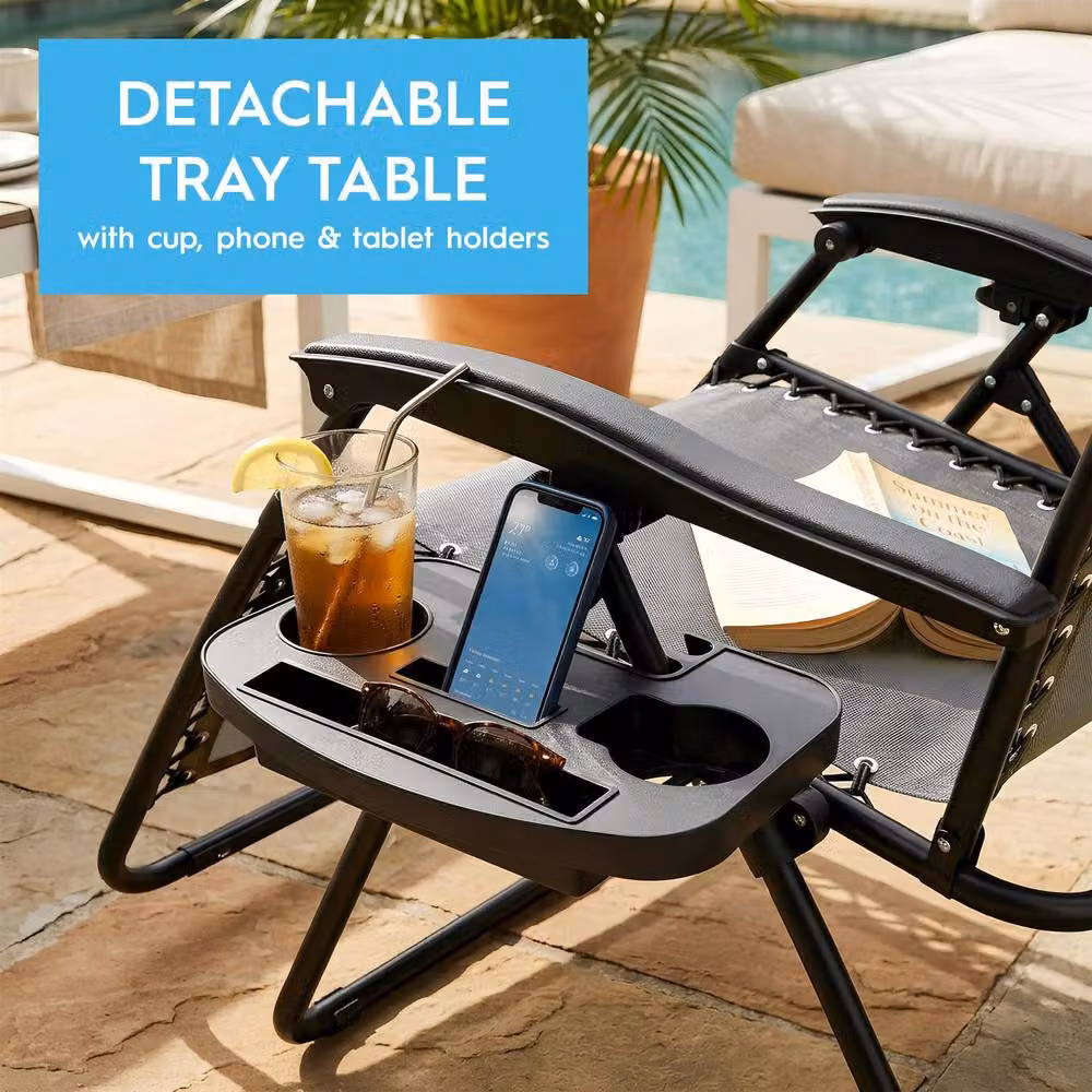Harbour Housewares 2 Piece Zero Gravity Chair Set in Grey with Textilene Fabric and Side Trays – 5