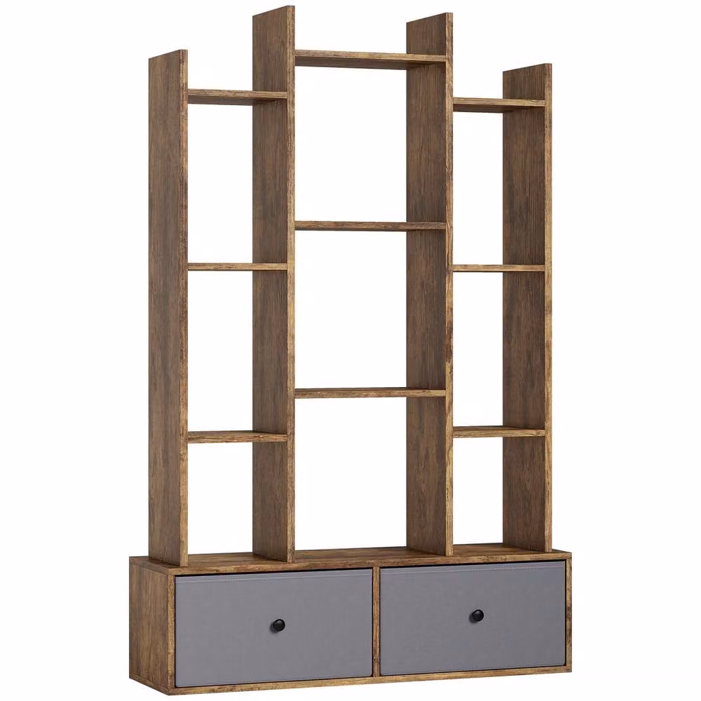 Wyld Haus Nero 12 Compartment Rustic Brown Wood Storage Unit with 2 Fabric Drawers, W/D/H: 124 x 80 x 24 cm – 2