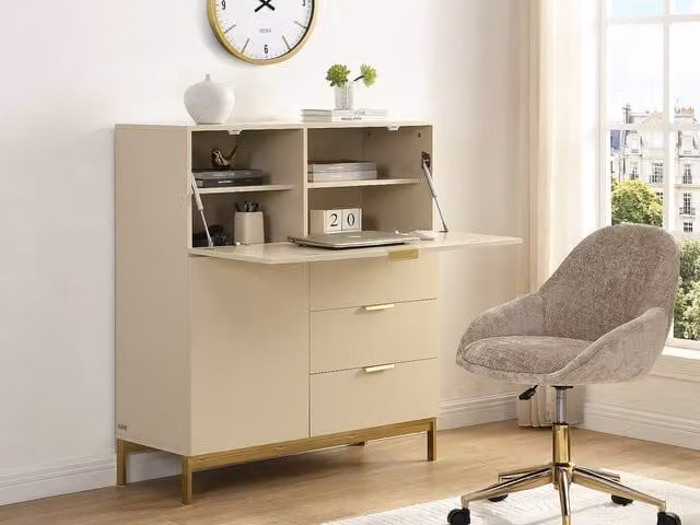 Vente-unique Modern Beige Writing Bureau with 2 Doors, 3 Drawers and Drop Leaf Design