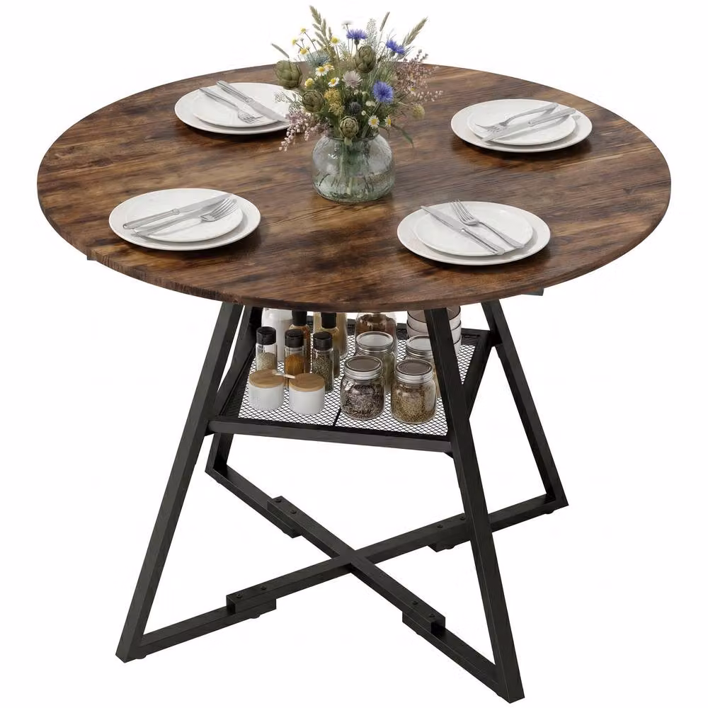 STILVORA Round Industrial Dining Table for 4 with Storage Shelf in Brown and Black – 5