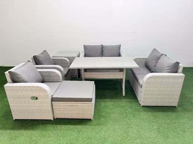Fimous 7 Seater Rattan Garden Furniture Set with Reclining Love Sofa, Rectangular Dining Table, Footstool and Side Table in Light Grey