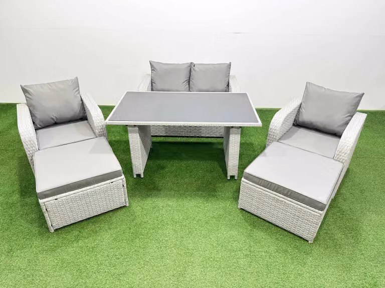 Fimous 6-Seater Outdoor Rattan Garden Dining Set with 2 Large Stools in Light Grey