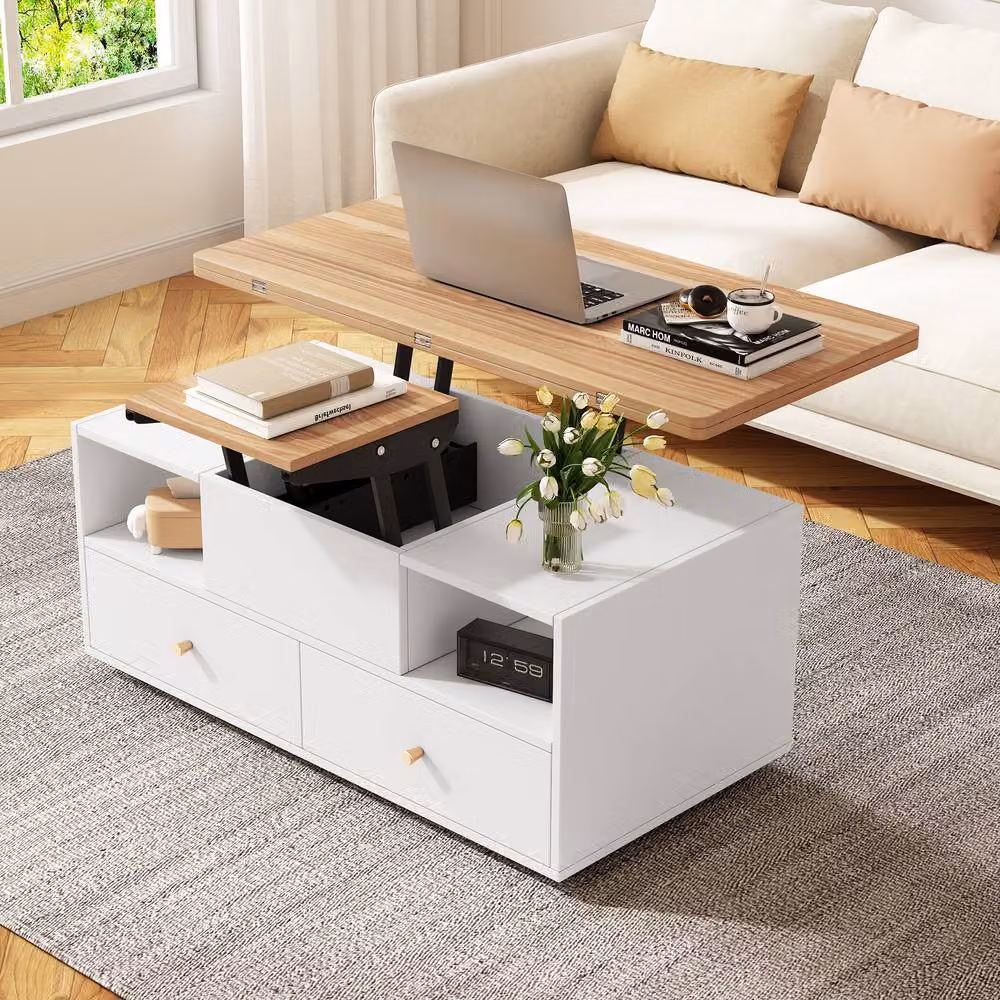 BTM Lift Top Coffee Table with Castors and Height Adjustment, White and Brown – 3