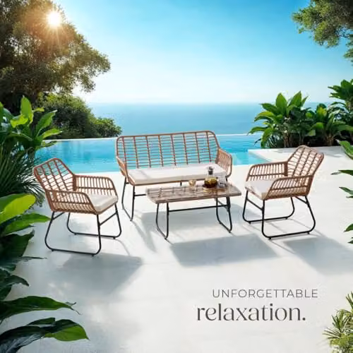 tectake 4-Piece Rattan Garden Furniture Set in Sand and Brown with 2-Seater Sofa, Lounge Armchair, Coffee Table and Upholstered Cushions – 4