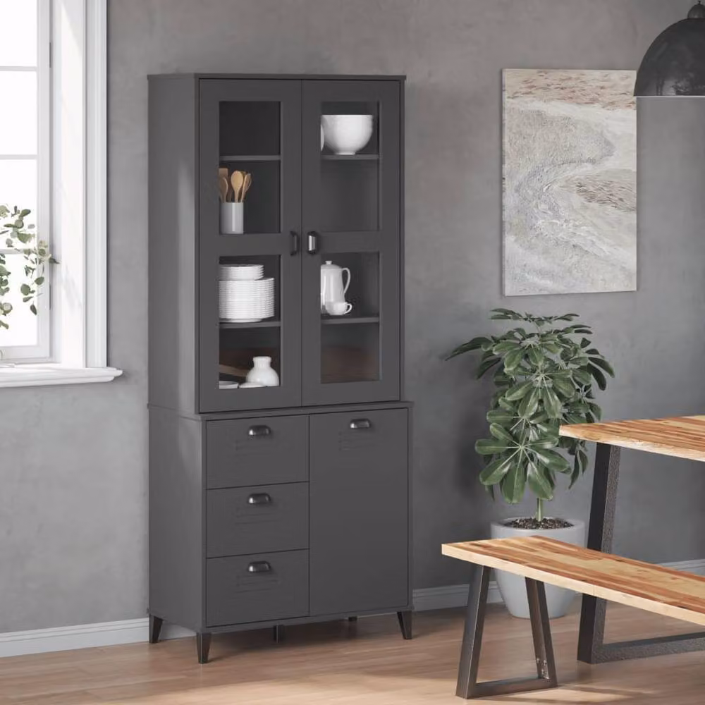 Berkfield Home VIKEN Highboard in Anthracite Grey, Solid Pine with Glass Doors, W: 80 cm, D: 40 cm, H: 190 cm – 3