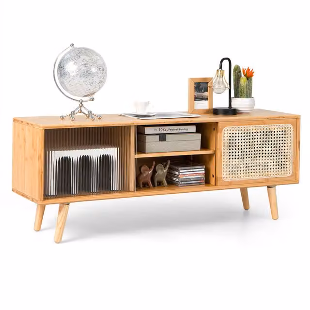 Costway Mid-Century Modern Wood TV Stand in Brown
