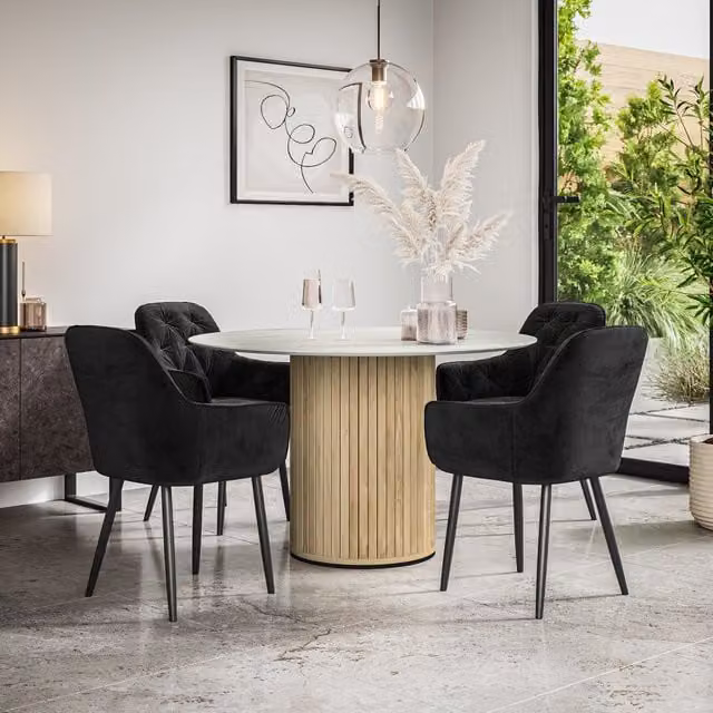 Arlo Modern Round Dining Table Set with 4 Black Velvet Chairs