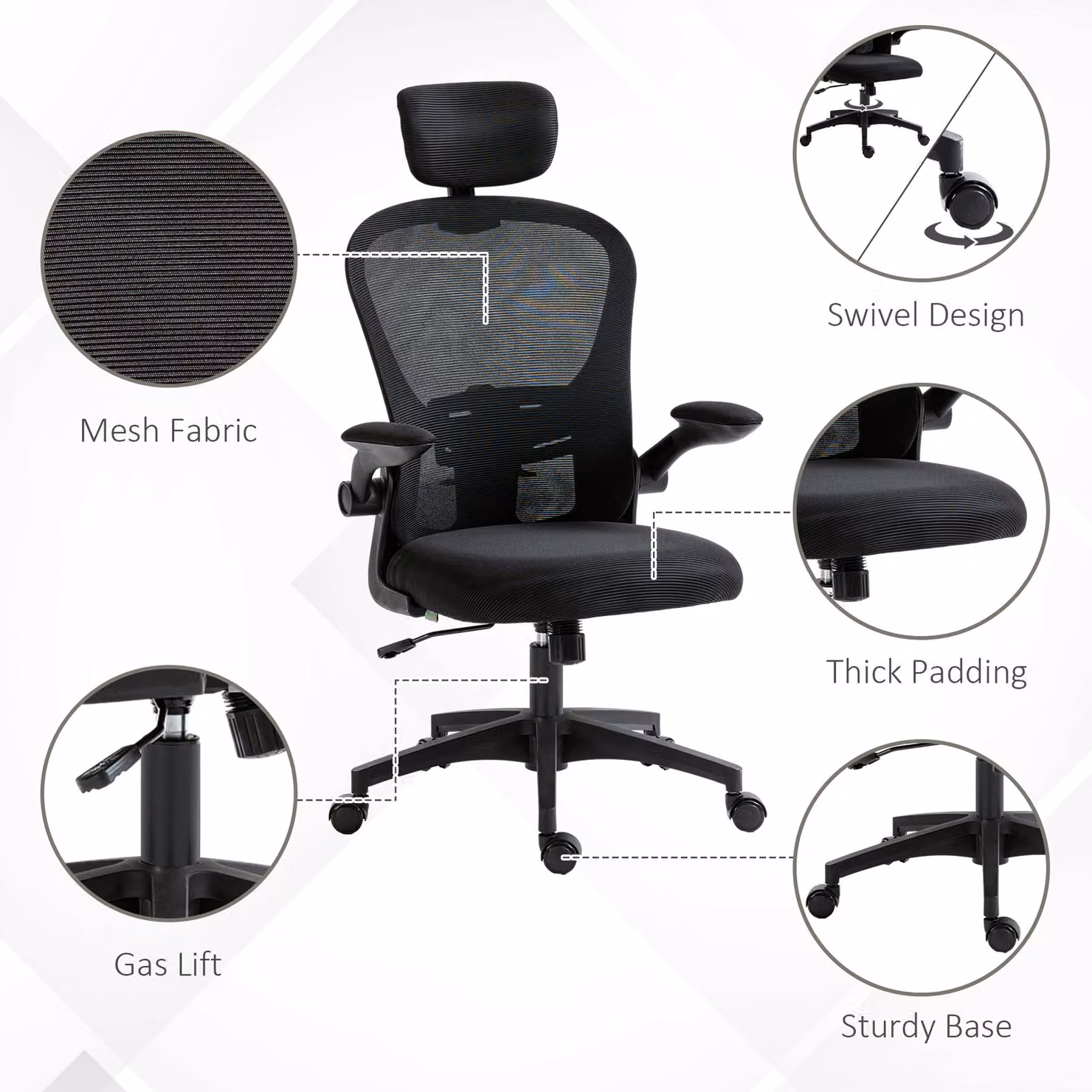 Vinsetto Multi-Adjustable Modern Task Office Chair in Black Fabric with Headrest and Armrests, W/D/H: 120 x 47 x 9.5 cm – 6