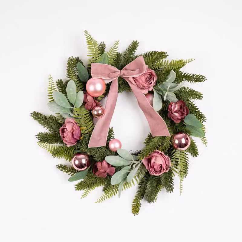 Scottish Everlastings Ltd Dusky Rose Floral Wreath with Pink Velvet Bow, Diameter: 50 cm – 2