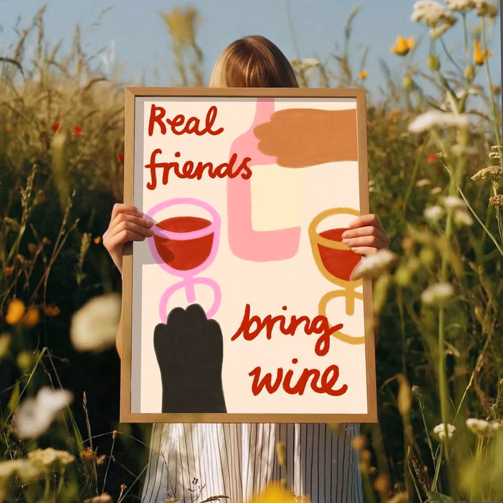 The Paper Tail Friends Bring Wine Multicolour Illustration Paper Poster, H 42.0 cm x W 29.7 cm – 3