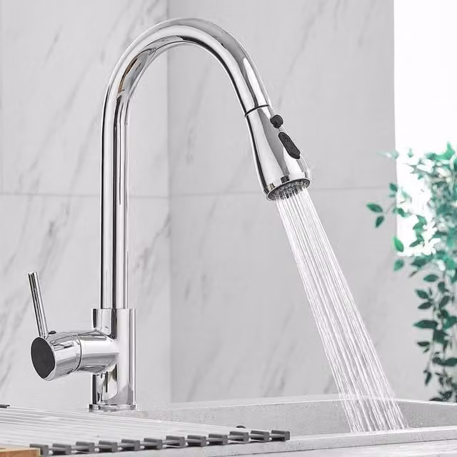 Heable Chrome Single Lever Kitchen Mixer Tap with Pull-Out Sprayer and High Arc Spout in Silver – 1