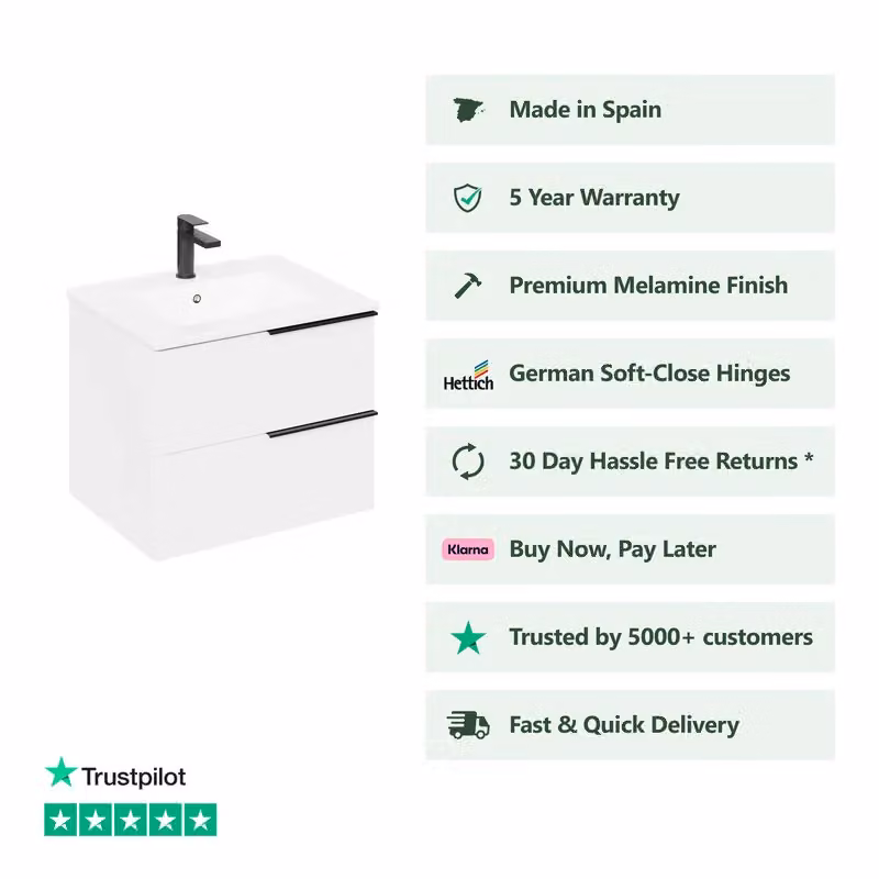 Banyetti Celtic Wall Hung Bathroom Vanity Unit with Lira Basin, Gloss White, W: 100 cm, D: 45 cm, H: 48 cm – 2