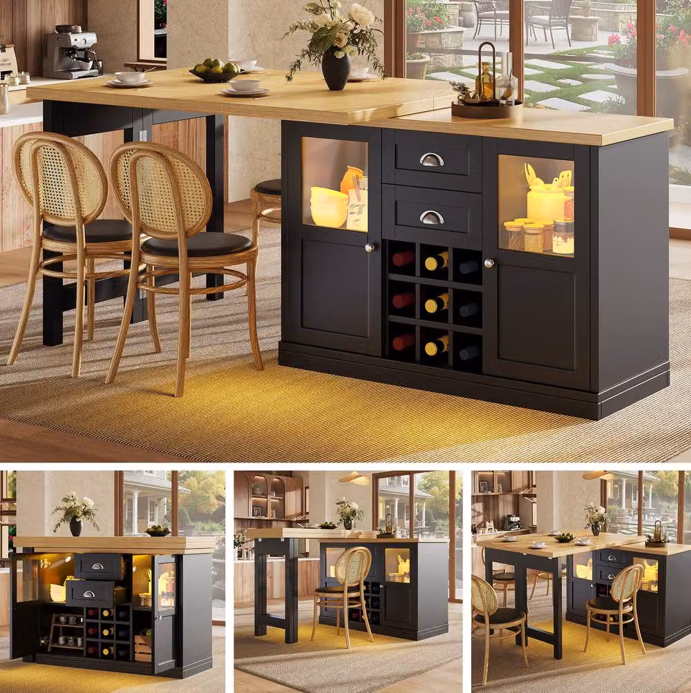 STILVORA Extendable Dining Table with Storage and LED Lights in Black – 9