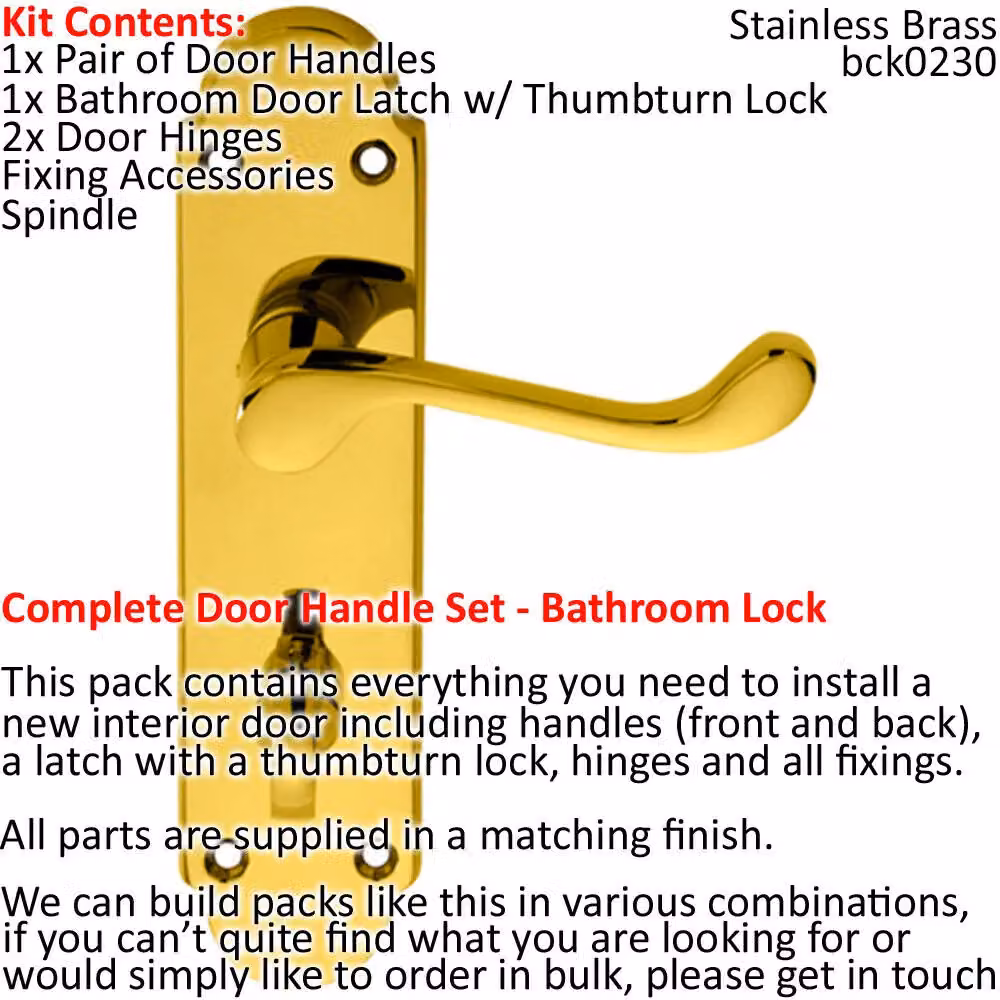 Loops Brass Victorian Lever Door Handle and Bathroom Lock Pack with Thumbturn Backplate – 2